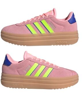 adidas VL Court Bold Pink Suede Sneakers with Neon Yellow Stripes and Gum Sole